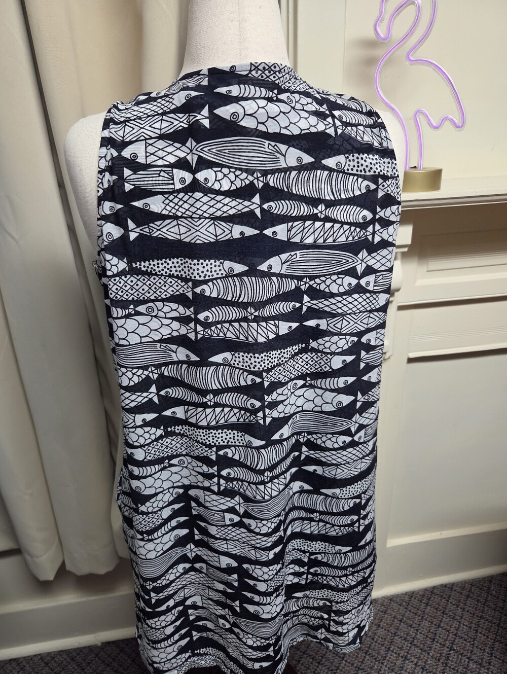 Alfani Navy & White Fish-Print V-Neck Tank Tunic With Overlay Size 2X - Picture 4 of 10